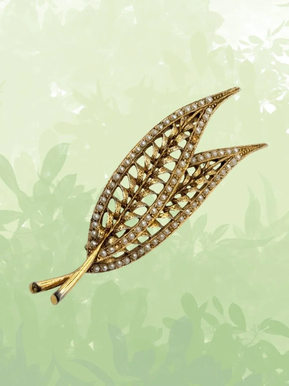Vintage Gold-tone Double Leaf Brooch With Faux Pearls - 2 1/2